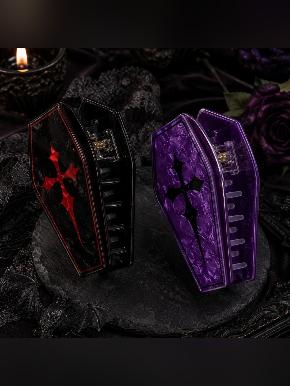 2 for $18 Goth Coffin Hair Claw Clips - Purple & Black Pearlescent Set NEW